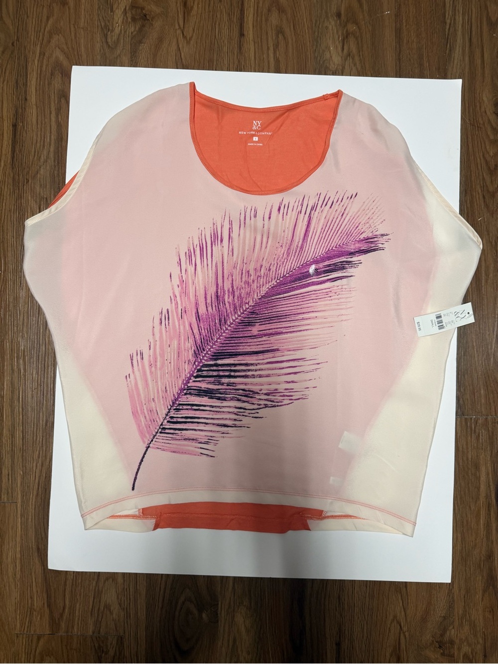 New York & Company Pink Sheer Blouse with Purple Feather Graphic